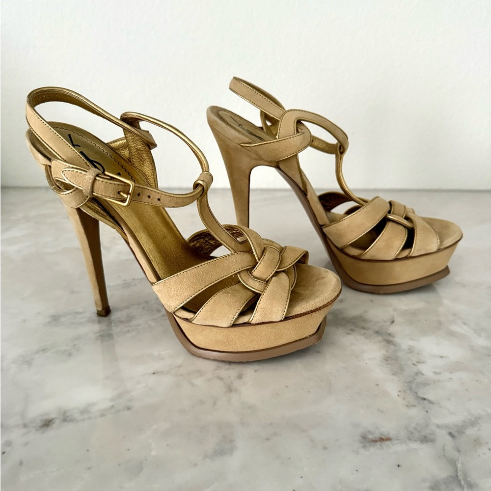 Yves Saint Laurent YSL Tribute Beige Tan Suede Gold Trim Platform Heels 37.5 - Picture 4 of 16